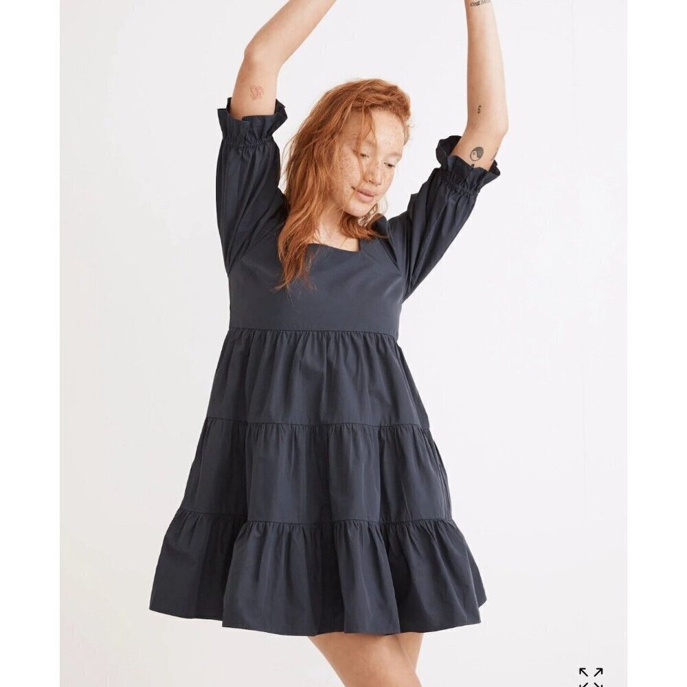Madewell Poplin Lizzie‎ Babydoll Dress Women 8 Navy Peasant Cottagecore Midi